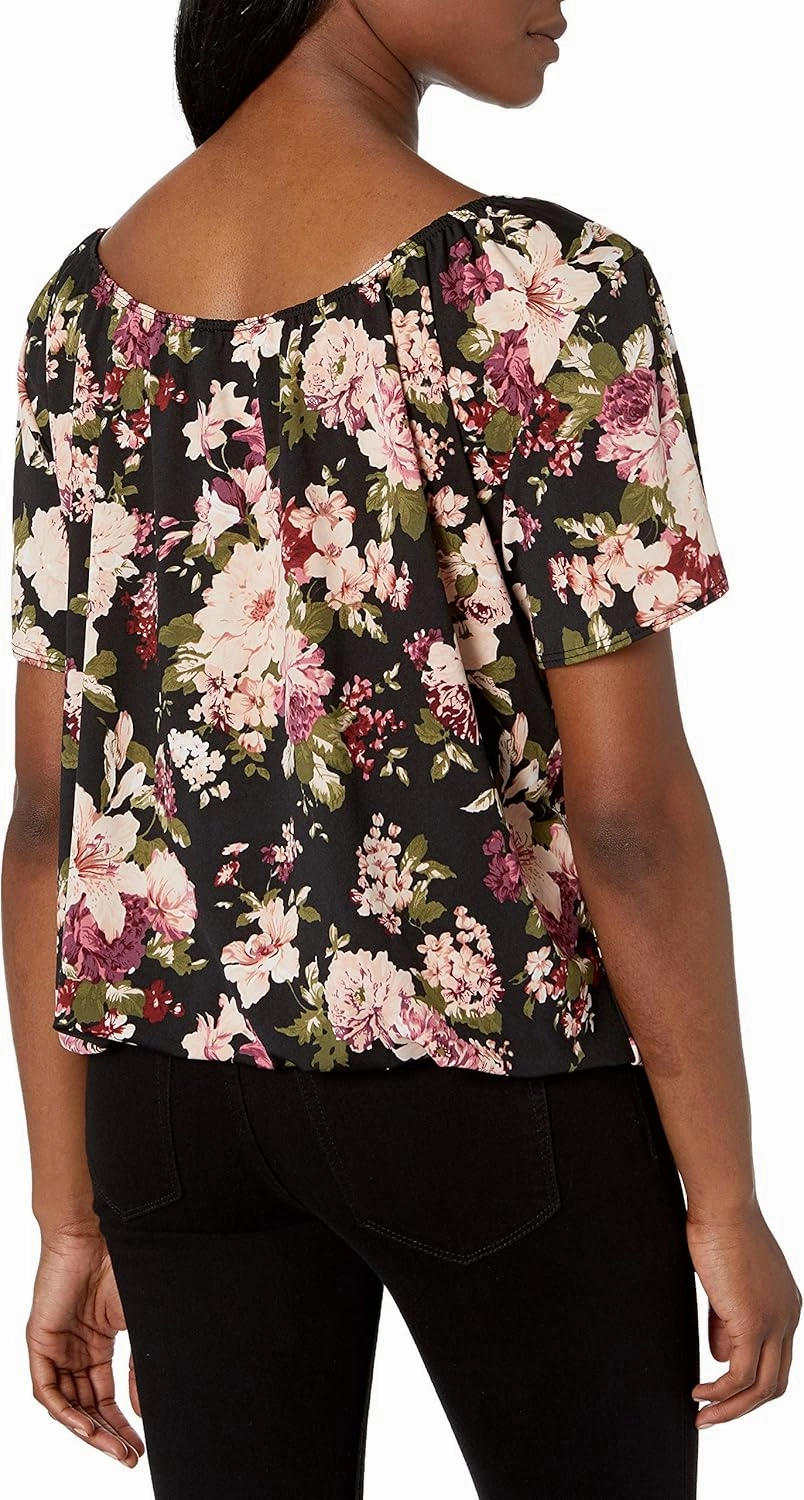Star Vixen Women's Short/Slit Sleeve Keyhole-tie Peasant Top Bubble Hem