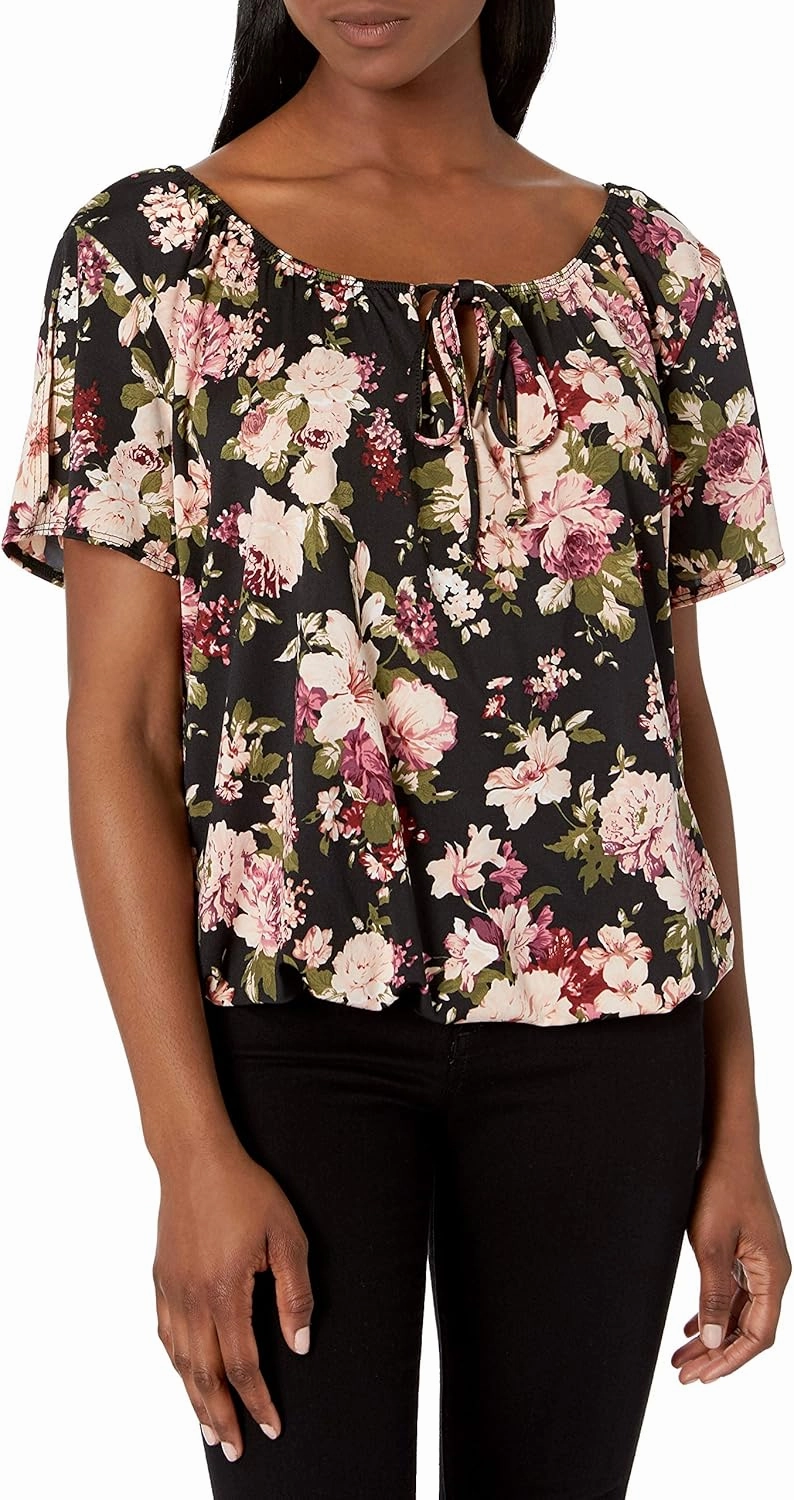 Star Vixen Women's Short/Slit Sleeve Keyhole-tie Peasant Top Bubble Hem
