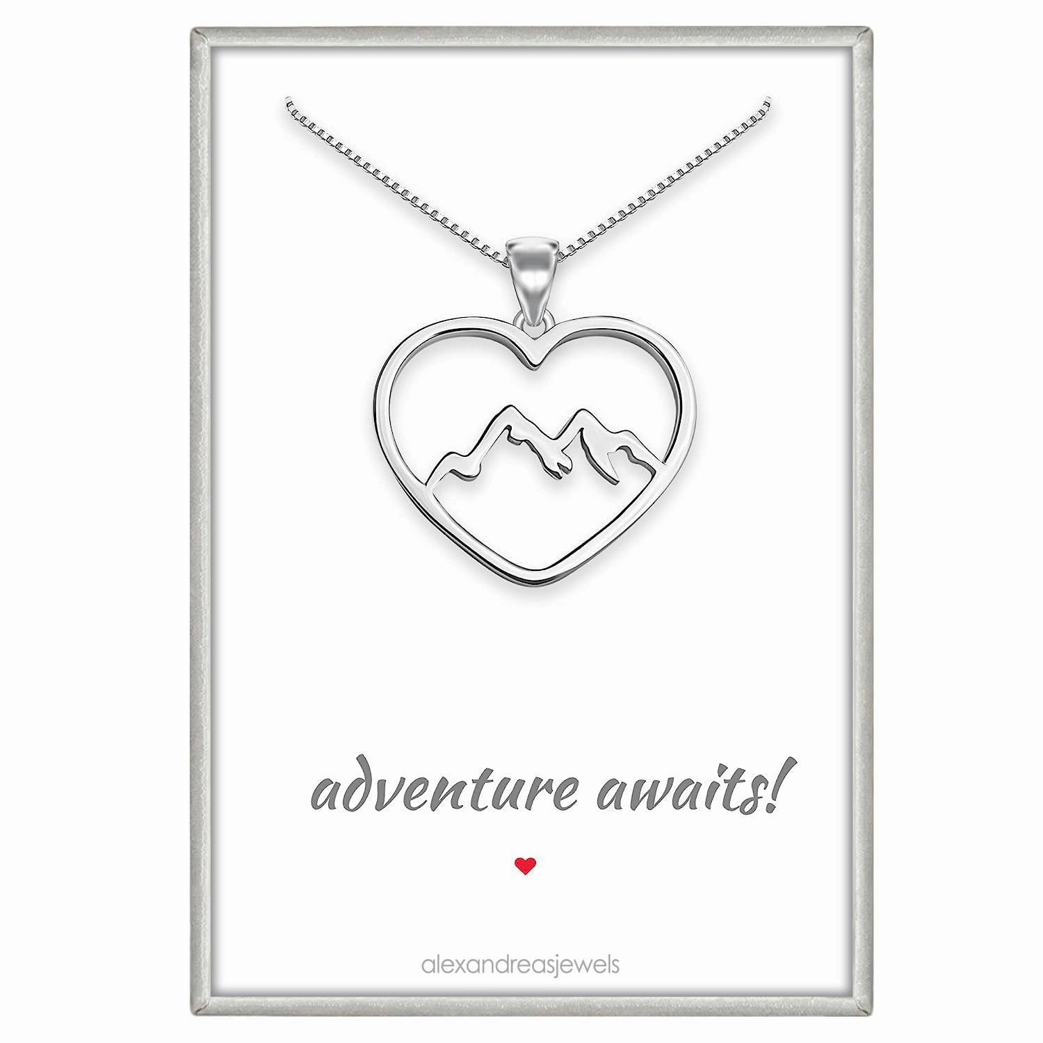Sterling Silver Heart Mountain Range Necklace, Silver Mountain Necklace for Women, Travel Necklace, Retirement Necklace, Graduation Gift Necklace (16 inches plus 2-inch extender)
