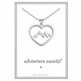 Sterling Silver Heart Mountain Range Necklace, Silver Mountain Necklace for Women, Travel Necklace, Retirement Necklace, Graduation Gift Necklace (16 inches plus 2-inch extender)