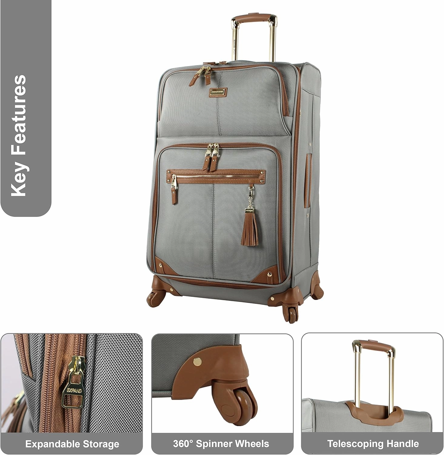 Steve Madden Designer Luggage Collection - 3 Piece Softside Expandable Lightweight Spinner Suitcase Set - Travel Set includes 20 Inch Carry on, 24 Inch & 28-Inch Checked Suitcases (Harlo Gray)