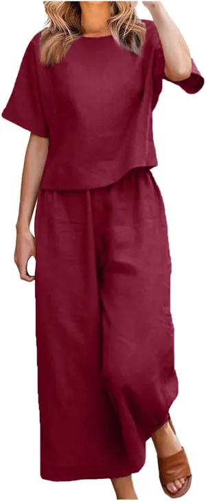 Summer 2 Piece Sets For Women 2024 Casual Loose Tops & Wide Leg Pants Matching Lounge Set Linen Beach Vacation Outfits