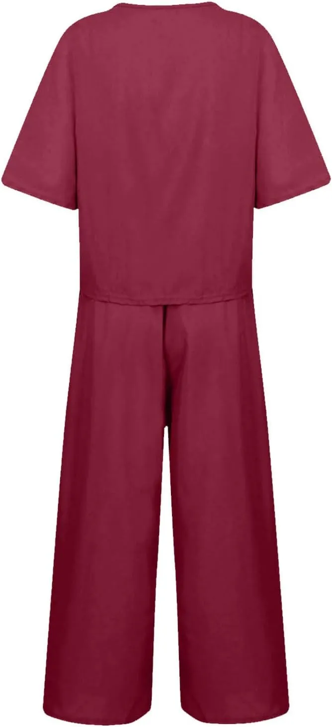 Summer 2 Piece Sets For Women 2024 Casual Loose Tops & Wide Leg Pants Matching Lounge Set Linen Beach Vacation Outfits