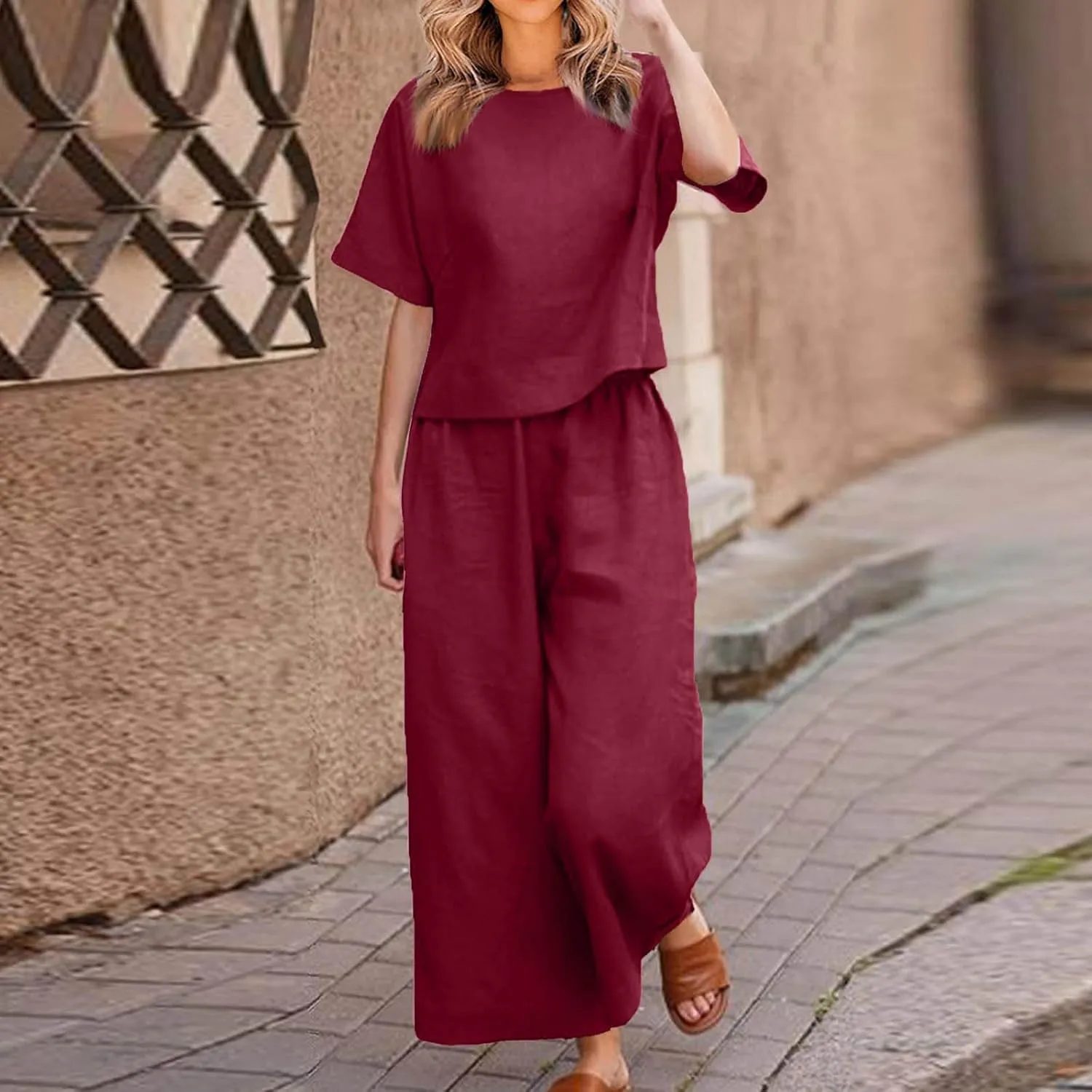 Summer 2 Piece Sets For Women 2024 Casual Loose Tops & Wide Leg Pants Matching Lounge Set Linen Beach Vacation Outfits