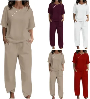 Summer Linen 2 Piece Outfits For Women 2024 Casual Loose Button Down Tops Cropped Trousers Pant Matching Lounge Set