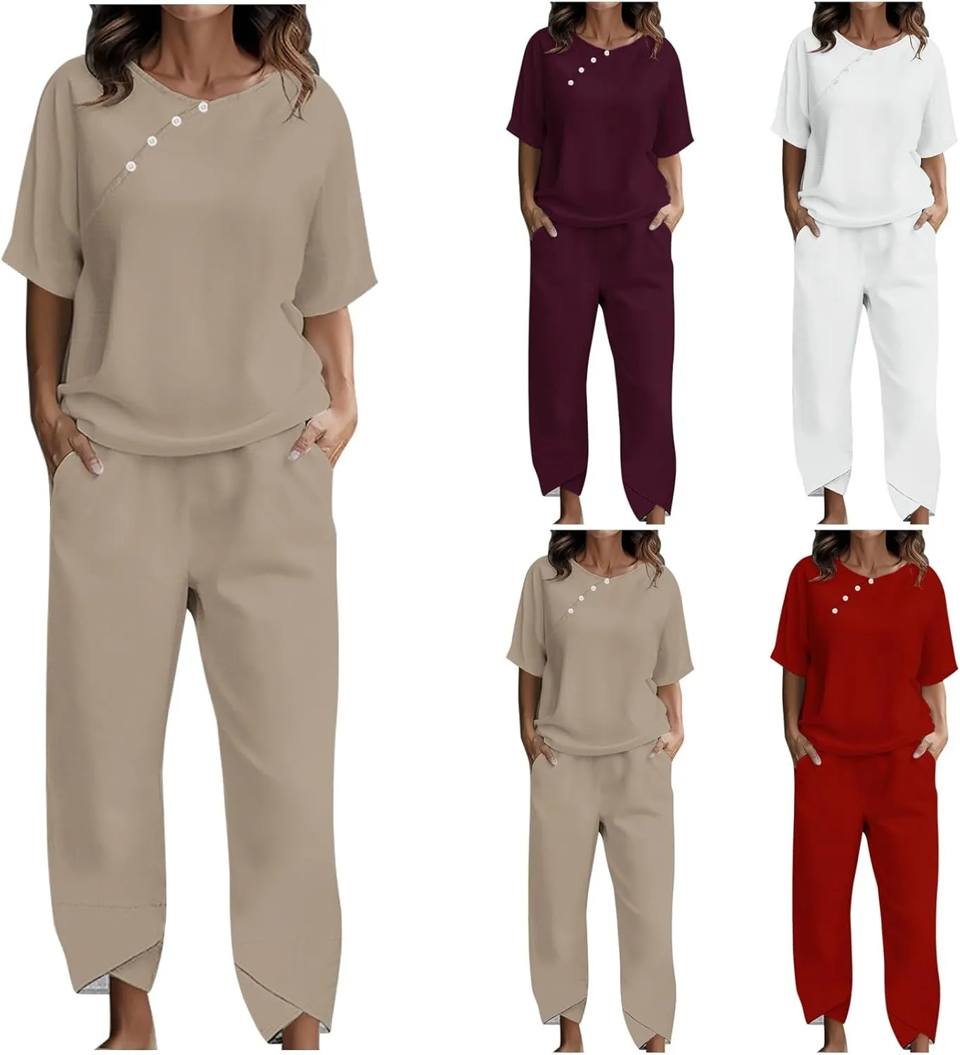 Summer Linen 2 Piece Outfits For Women 2024 Casual Loose Button Down Tops Cropped Trousers Pant Matching Lounge Set
