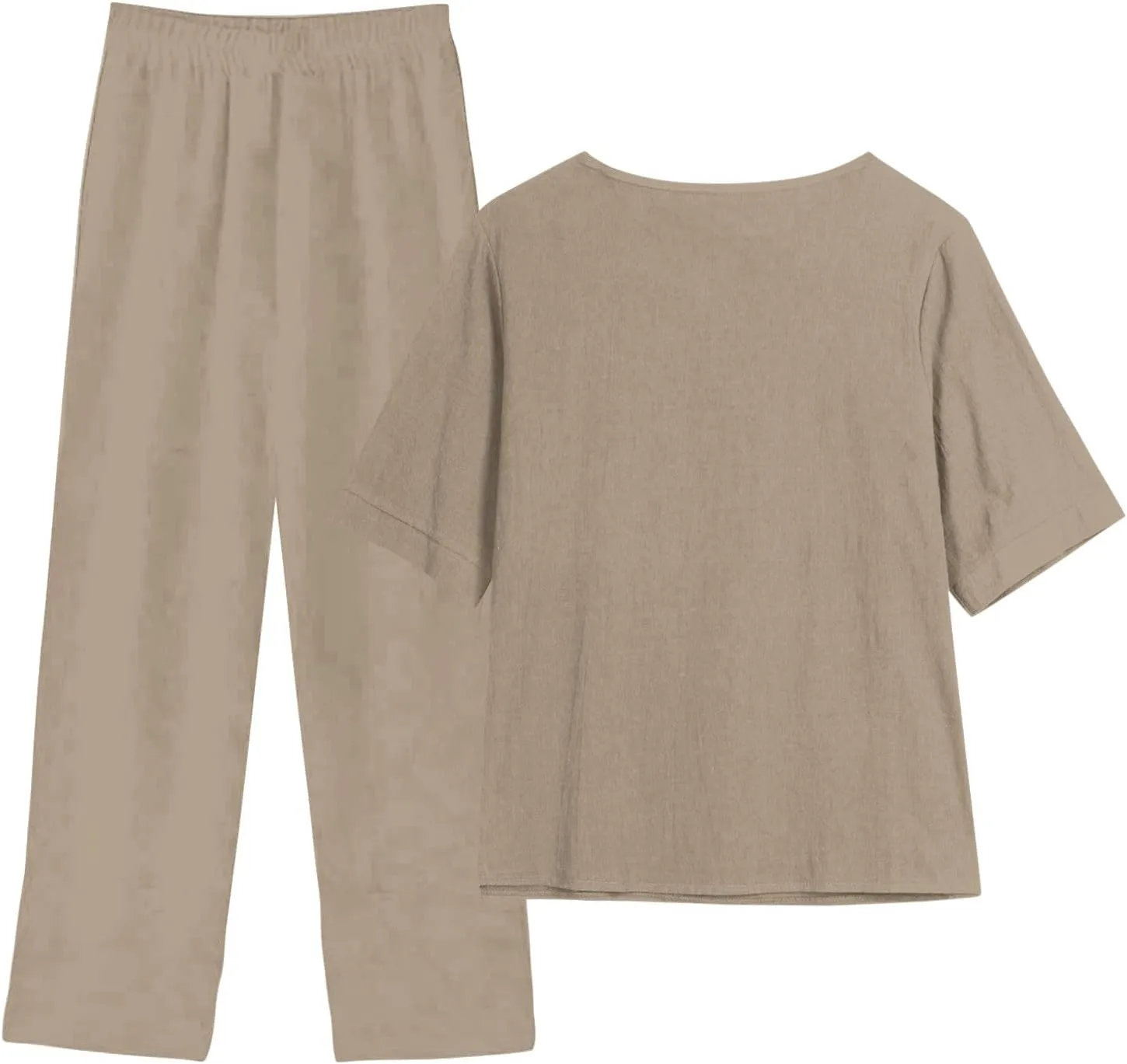 Summer Linen 2 Piece Outfits For Women 2024 Casual Loose Button Down Tops Cropped Trousers Pant Matching Lounge Set