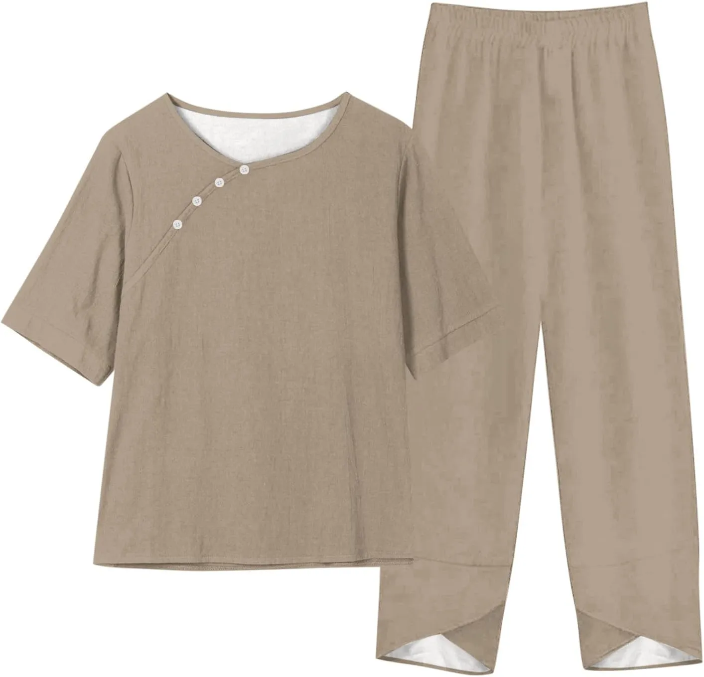 Summer Linen 2 Piece Outfits For Women 2024 Casual Loose Button Down Tops Cropped Trousers Pant Matching Lounge Set