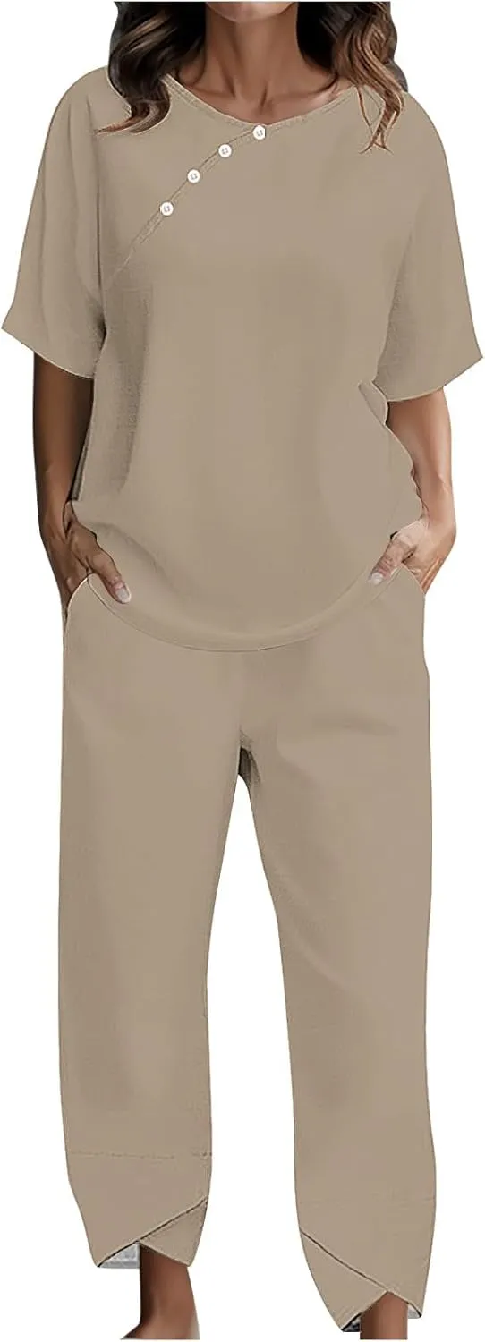 Summer Linen 2 Piece Outfits For Women 2024 Casual Loose Button Down Tops Cropped Trousers Pant Matching Lounge Set