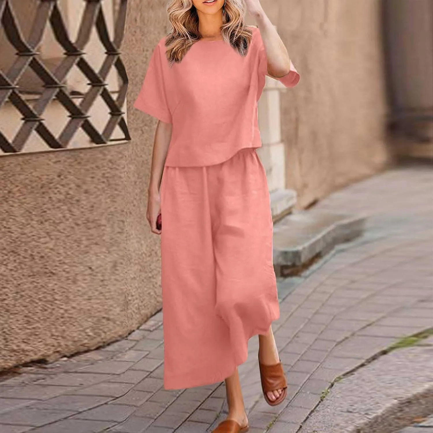 Summer Linen Two Piece Sets For Women Plus Size Beach Vacation Outfits 2024 Casual Tops Wide Leg Pants Lounge Set