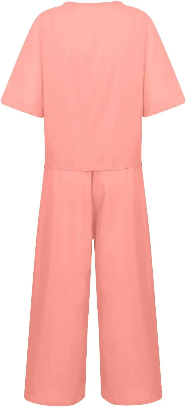 Summer Linen Two Piece Sets For Women Plus Size Beach Vacation Outfits 2024 Casual Tops Wide Leg Pants Lounge Set