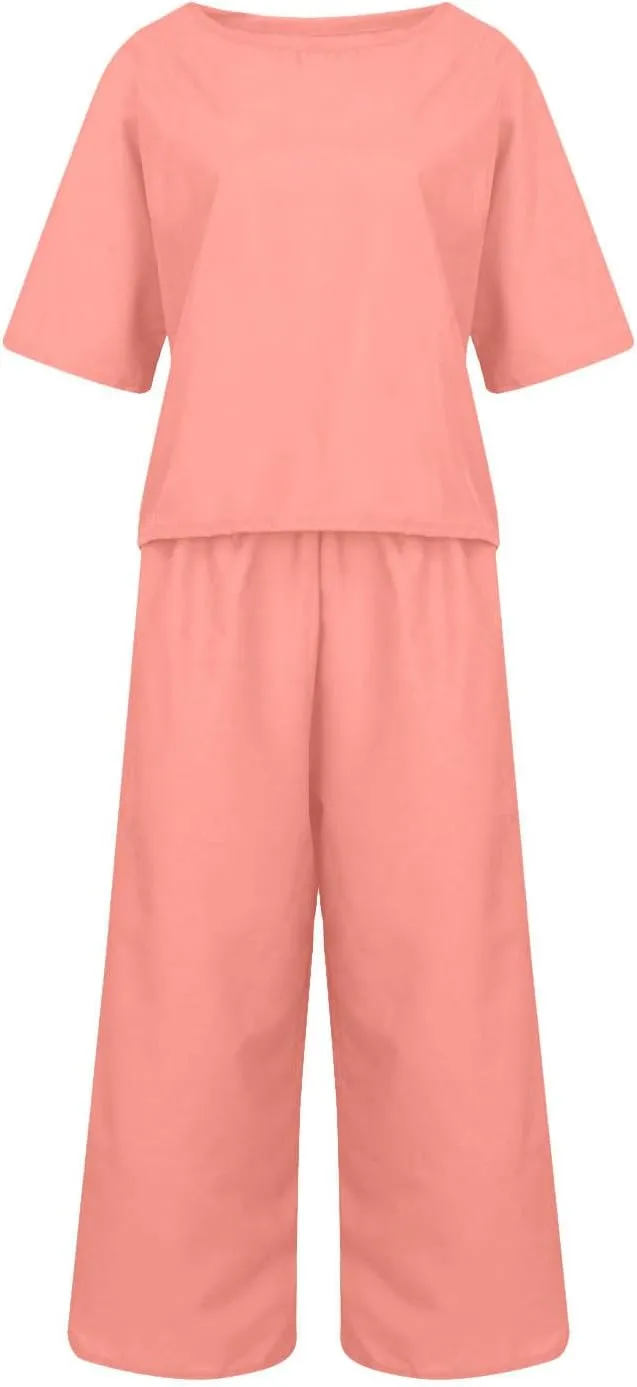 Summer Linen Two Piece Sets For Women Plus Size Beach Vacation Outfits 2024 Casual Tops Wide Leg Pants Lounge Set