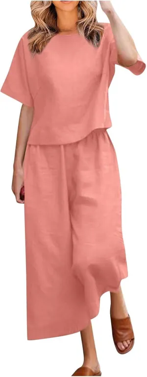 Summer Linen Two Piece Sets For Women Plus Size Beach Vacation Outfits 2024 Casual Tops Wide Leg Pants Lounge Set