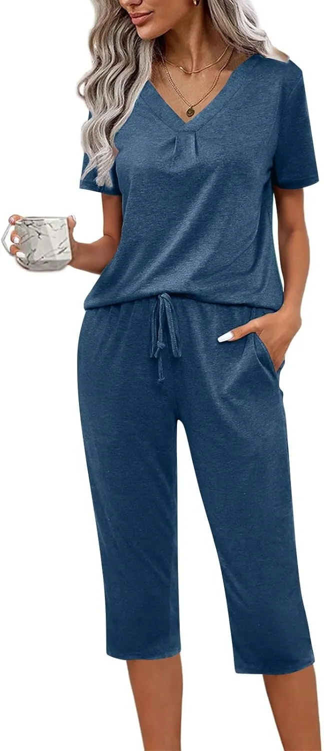 Summer Two Piece Sets For Women Casual Tee Shirts Wide Leg Capri Pants Matching Sets Outfits Comfy Soft Sweatsuit Set