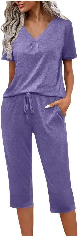 Summer Two Piece Sets For Women Casual Tee Shirts Wide Leg Capri Pants Matching Sets Outfits Comfy Soft Sweatsuit Set