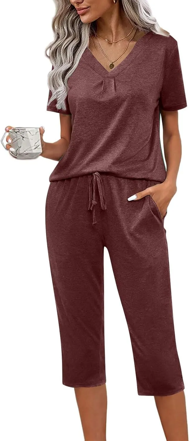 Summer Two Piece Sets For Women Casual Tee Shirts Wide Leg Capri Pants Matching Sets Outfits Comfy Soft Sweatsuit Set