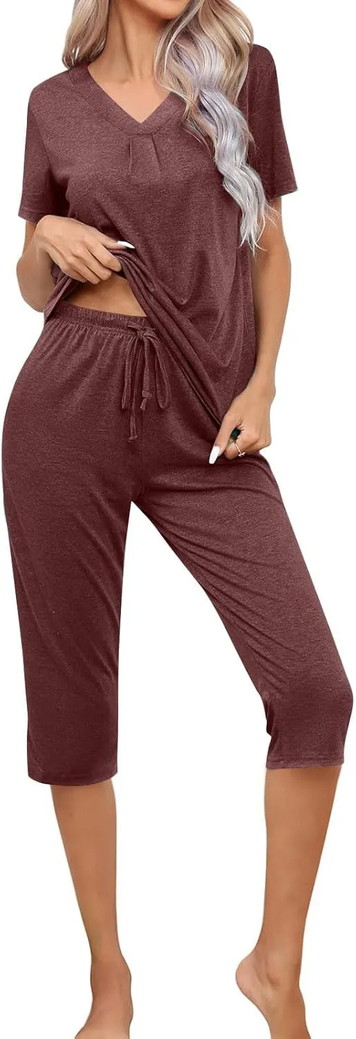 Summer Two Piece Sets For Women Casual Tee Shirts Wide Leg Capri Pants Matching Sets Outfits Comfy Soft Sweatsuit Set