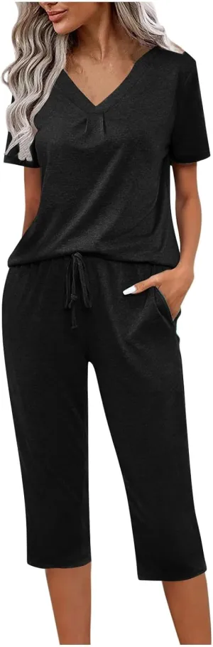 Summer Two Piece Sets For Women Casual Tee Shirts Wide Leg Capri Pants Matching Sets Outfits Comfy Soft Sweatsuit Set