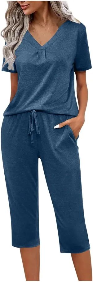 Summer Two Piece Sets For Women Casual Tee Shirts Wide Leg Capri Pants Matching Sets Outfits Comfy Soft Sweatsuit Set