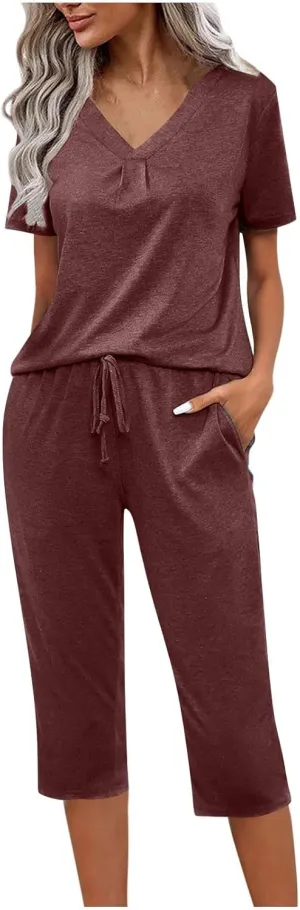 Summer Two Piece Sets For Women Casual Tee Shirts Wide Leg Capri Pants Matching Sets Outfits Comfy Soft Sweatsuit Set