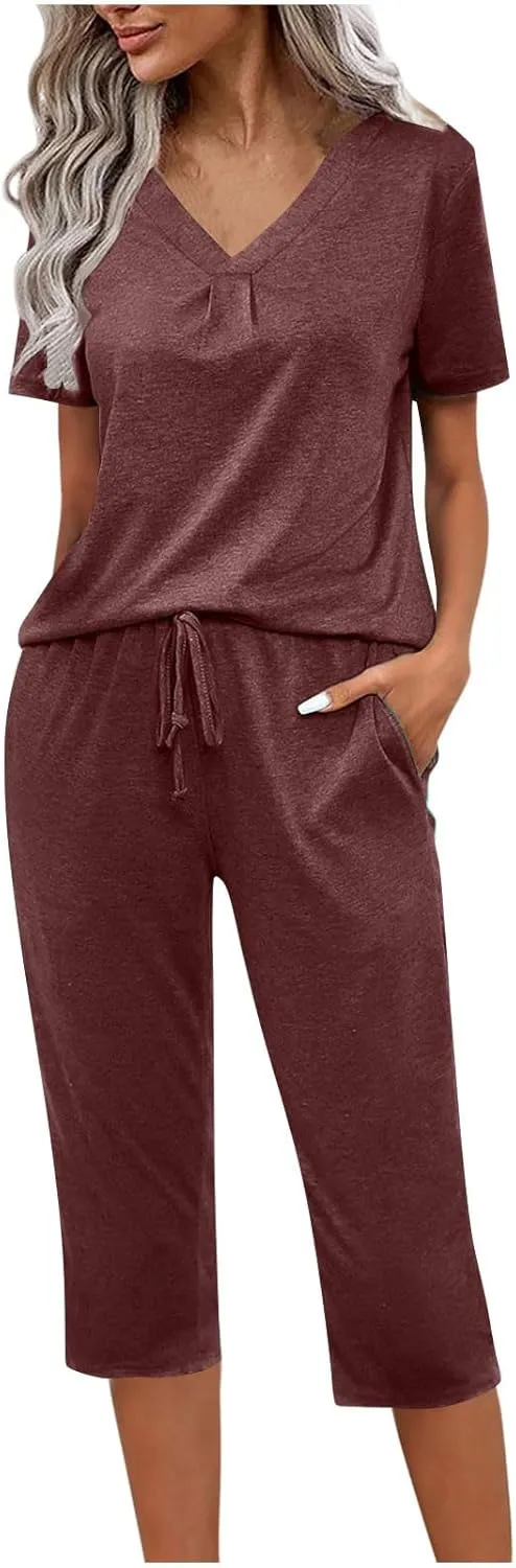 Summer Two Piece Sets For Women Casual Tee Shirts Wide Leg Capri Pants Matching Sets Outfits Comfy Soft Sweatsuit Set
