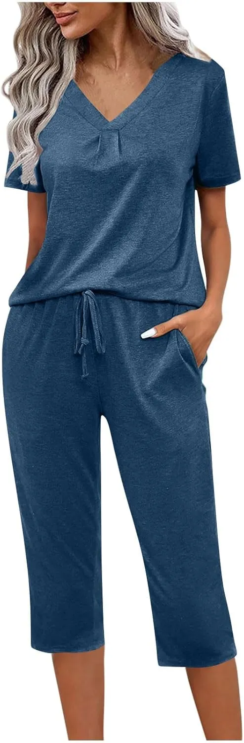 Summer Two Piece Sets For Women Casual Tee Shirts Wide Leg Capri Pants Matching Sets Outfits Comfy Soft Sweatsuit Set