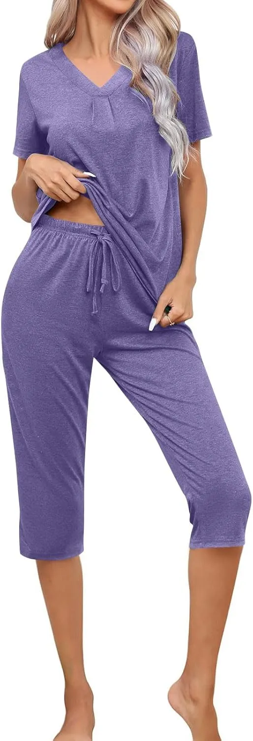 Summer Two Piece Sets For Women Casual Tee Shirts Wide Leg Capri Pants Matching Sets Outfits Comfy Soft Sweatsuit Set