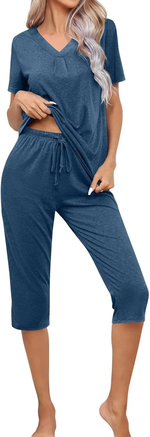 Summer Two Piece Sets For Women Casual Tee Shirts Wide Leg Capri Pants Matching Sets Outfits Comfy Soft Sweatsuit Set