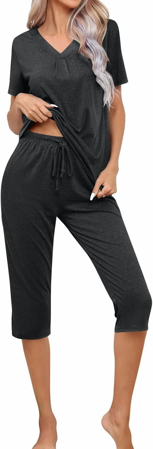 Summer Two Piece Sets For Women Casual Tee Shirts Wide Leg Capri Pants Matching Sets Outfits Comfy Soft Sweatsuit Set