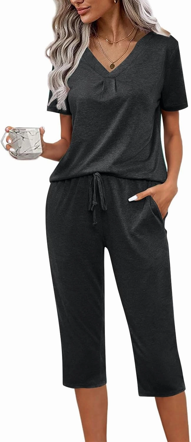 Summer Two Piece Sets For Women Casual Tee Shirts Wide Leg Capri Pants Matching Sets Outfits Comfy Soft Sweatsuit Set