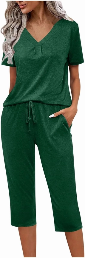 Summer Two Piece Sets For Women Casual Tee Shirts Wide Leg Capri Pants Matching Sets Outfits Comfy Soft Sweatsuit Set