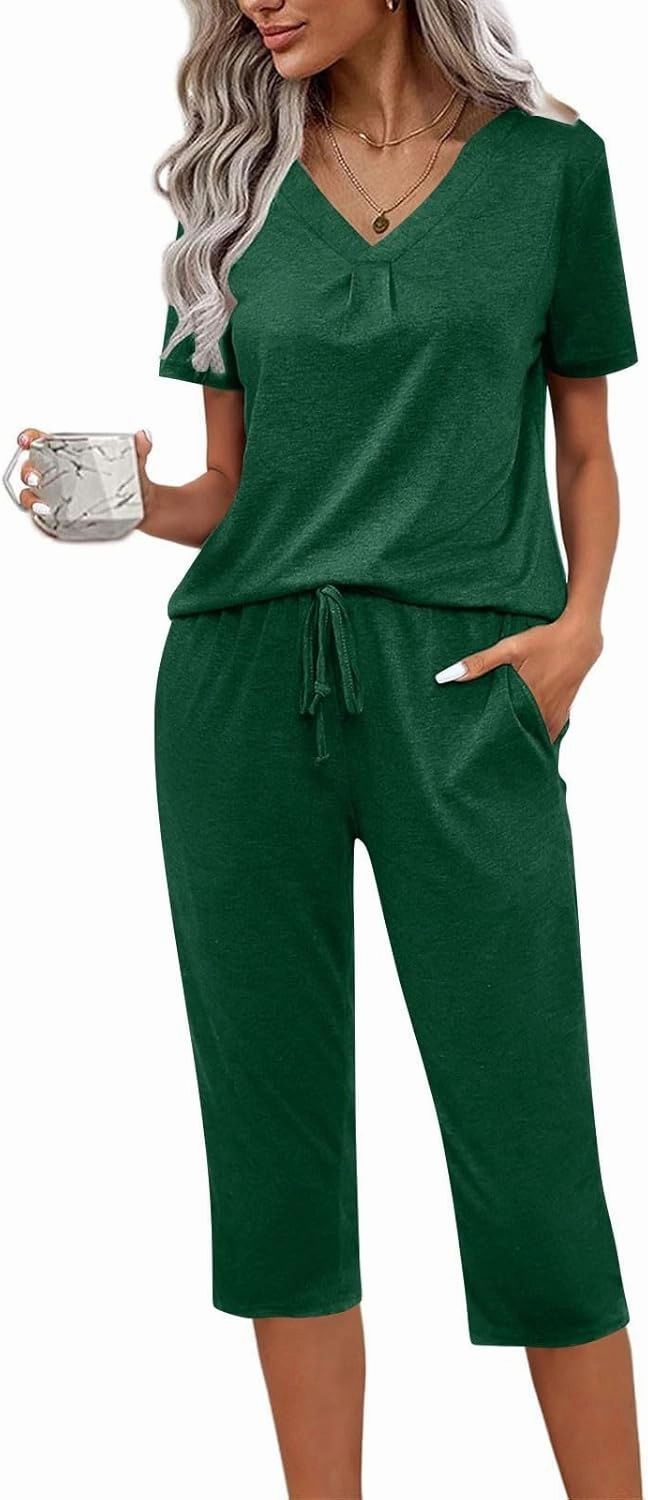 Summer Two Piece Sets For Women Casual Tee Shirts Wide Leg Capri Pants Matching Sets Outfits Comfy Soft Sweatsuit Set