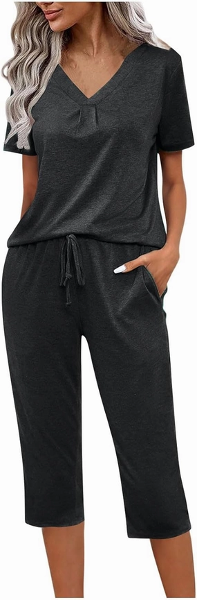 Summer Two Piece Sets For Women Casual Tee Shirts Wide Leg Capri Pants Matching Sets Outfits Comfy Soft Sweatsuit Set
