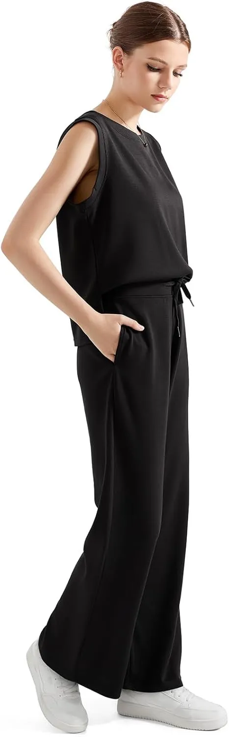 SUUKSESS Women 2 Piece Lounge Matching Sets Wide Leg Sweatpants Sleeveless Tops