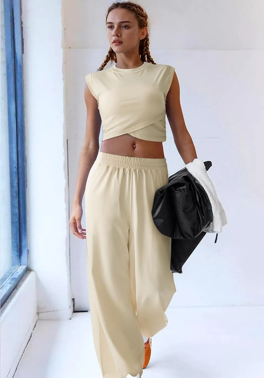 SUUKSESS Women 2 Piece Matching Lounge Workout Sets Outfits Sleeveless Cropped Tops Summer High Waisted Wide Leg Pants