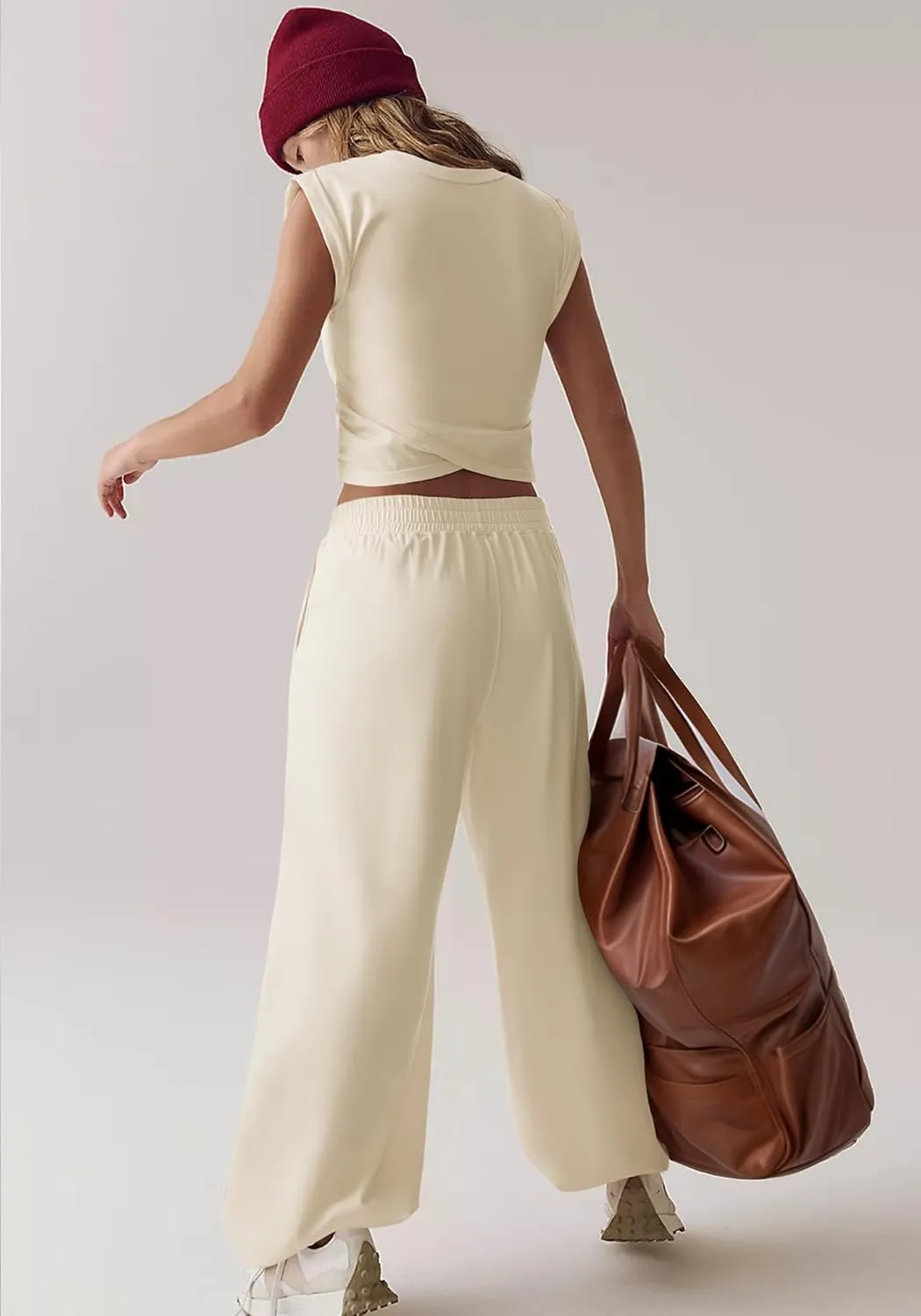 SUUKSESS Women 2 Piece Matching Lounge Workout Sets Outfits Sleeveless Cropped Tops Summer High Waisted Wide Leg Pants