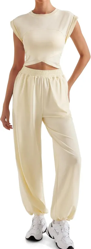 SUUKSESS Women 2 Piece Matching Lounge Workout Sets Outfits Sleeveless Cropped Tops Summer High Waisted Wide Leg Pants