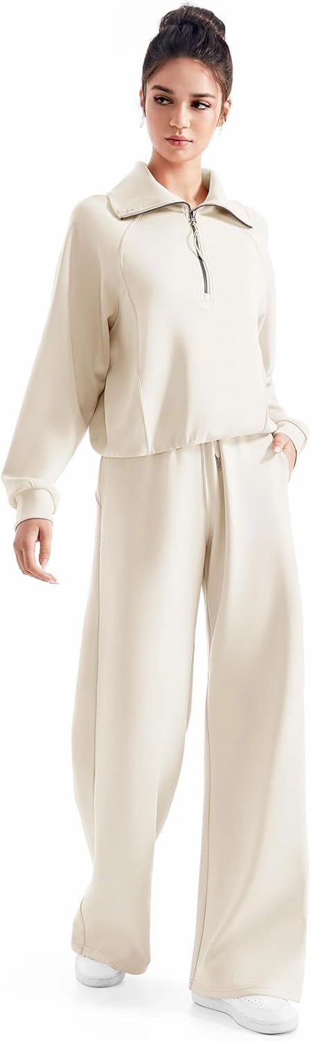 SUUKSESS Women 2 Piece Lounge Matching Set Wide Leg Sweatpant Half Zip Sweatshirt