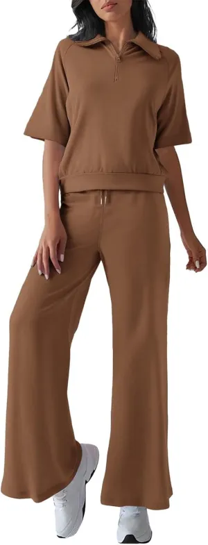 Sweatsuits for Women Set 2 Piece Trade Casual Solid Color Slim Fit Short Sleeved Oversized Sweatshirt Sweatpants