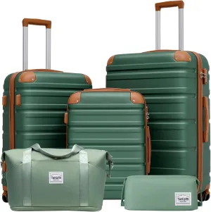 TAKUMI Luggage Set 5 Piece with Duffel Bag ABS Hardshell Suitcase Set with Double Spinner Wheels Travel Lugagge with TSA Lock Lightweight Carry On Suitcase (GREEN BROWN, 5 PIECE SET)