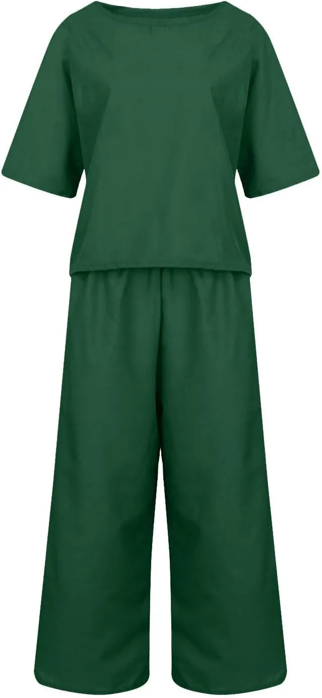 TANGNADE Women's 2 Piece Outfits Linen Short Sleeve Crop Top and High Waist Pants Lounge Matching Set Summer Outfits