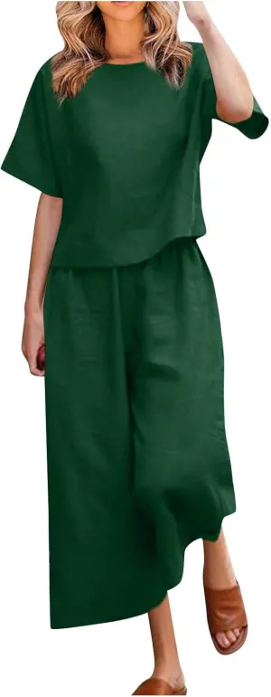 TANGNADE Women's 2 Piece Outfits Linen Short Sleeve Crop Top and High Waist Pants Lounge Matching Set Summer Outfits