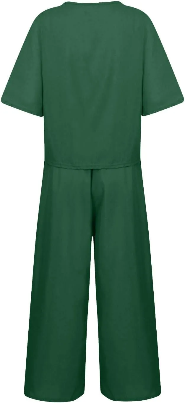 TANGNADE Women's 2 Piece Outfits Linen Short Sleeve Crop Top and High Waist Pants Lounge Matching Set Summer Outfits