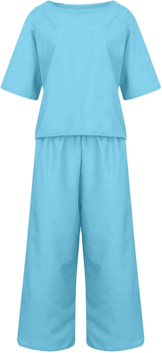 TANGNADE Women's 2 Piece Outfits Linen Short Sleeve Crop Top and High Waist Pants Lounge Matching Set Summer Outfits