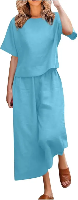 TANGNADE Women's 2 Piece Outfits Linen Short Sleeve Crop Top and High Waist Pants Lounge Matching Set Summer Outfits
