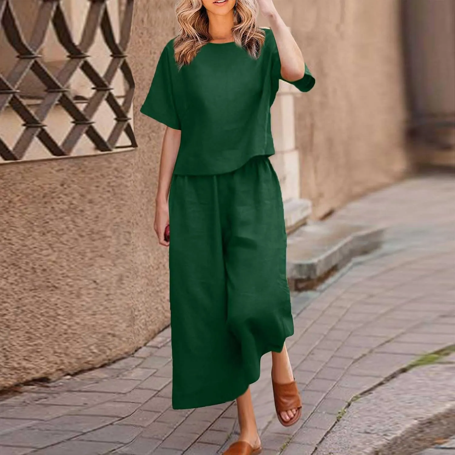 TANGNADE Women's 2 Piece Outfits Linen Short Sleeve Crop Top and High Waist Pants Lounge Matching Set Summer Outfits