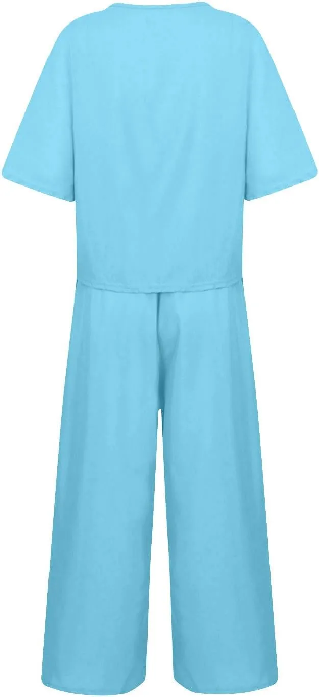 TANGNADE Women's 2 Piece Outfits Linen Short Sleeve Crop Top and High Waist Pants Lounge Matching Set Summer Outfits