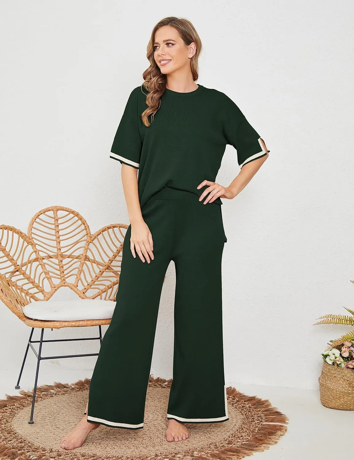 Tanming Sweater Sets Women 2 Piece Lounge Sets Short Sleeve Knit Pullover Tops Wide Leg Pants