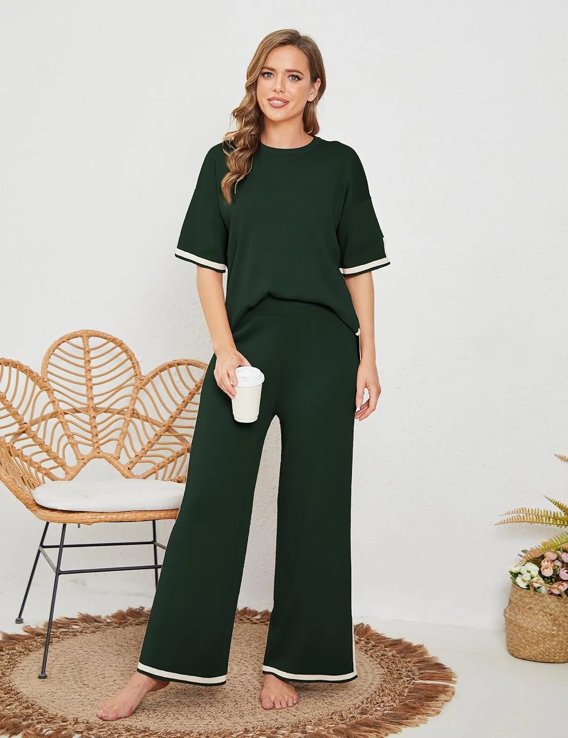 Tanming Sweater Sets Women 2 Piece Lounge Sets Short Sleeve Knit Pullover Tops Wide Leg Pants