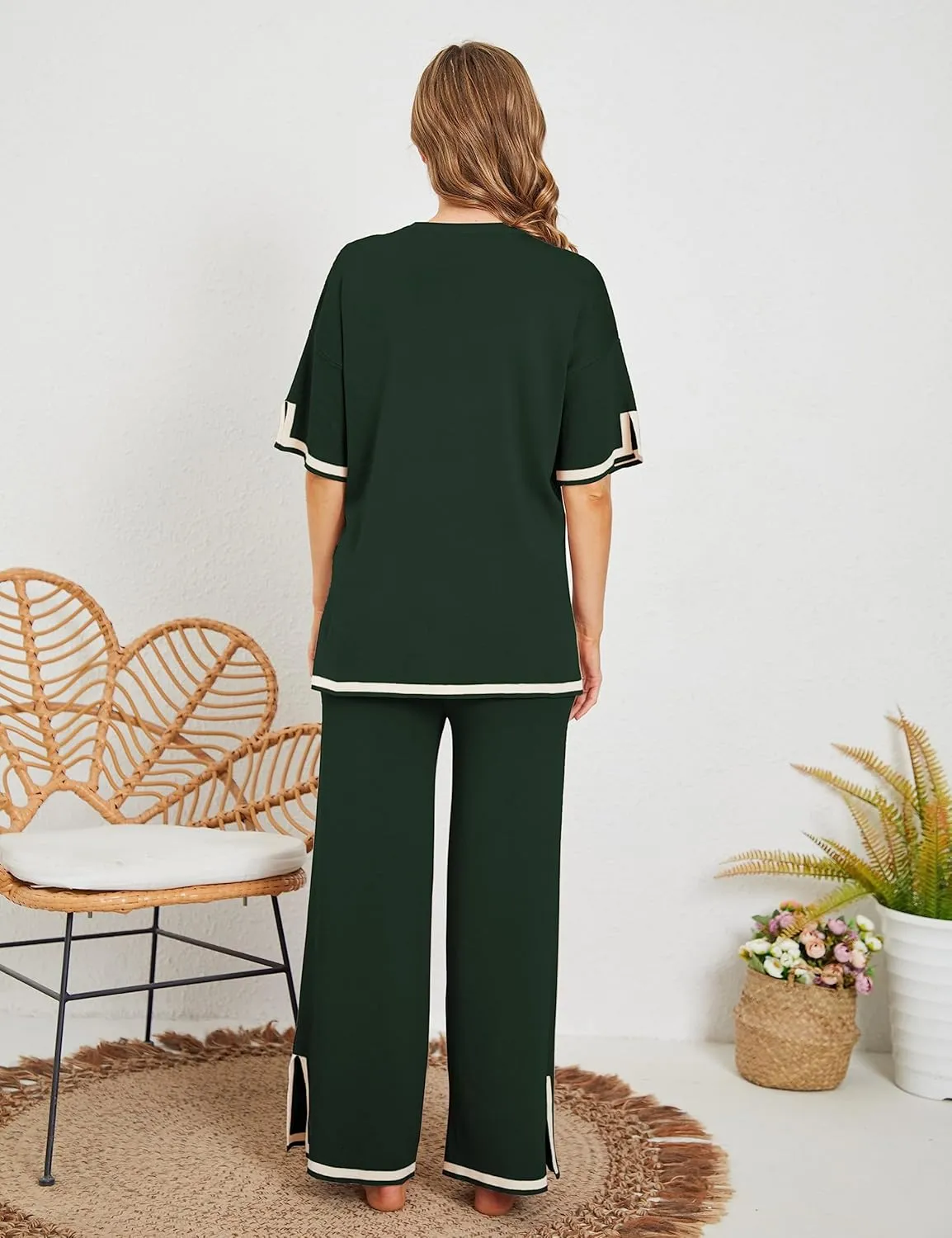 Tanming Sweater Sets Women 2 Piece Lounge Sets Short Sleeve Knit Pullover Tops Wide Leg Pants